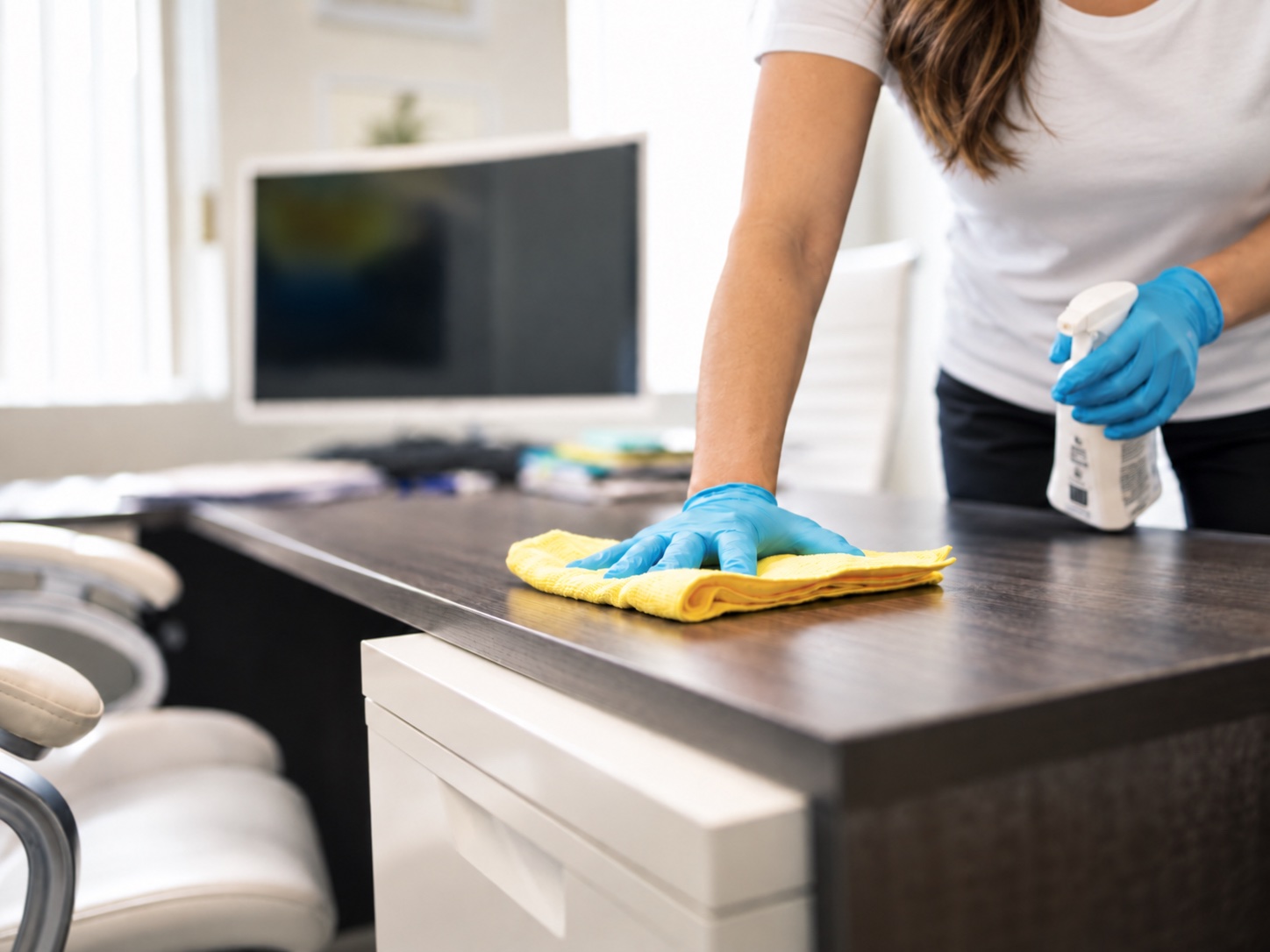 Sorgfältige Reinigung eines Büroschreibtischs mit Mikrofasertuch und blauen Handschuhen