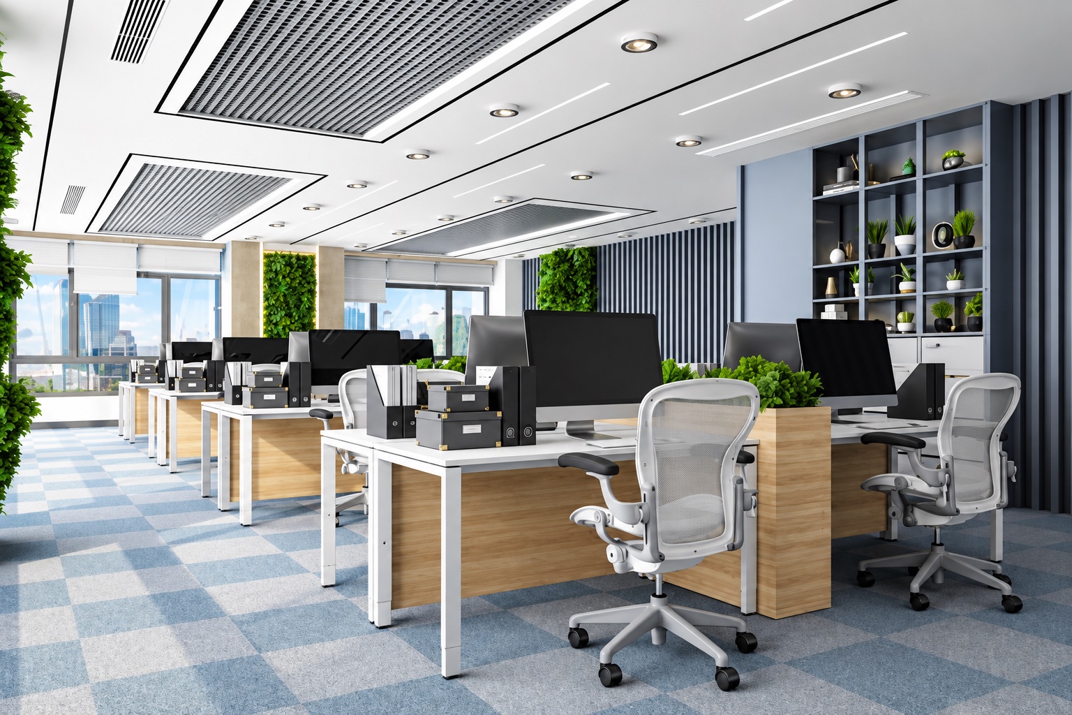 Gepflegtes, modernes Büro mit hellen Arbeitsplätzen, ergonomischen Stühlen und grünen Pflanzen